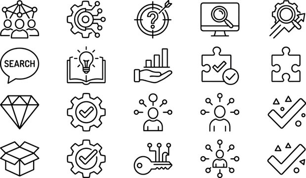 Project Management and SEO Optimization Icon Set Featuring Business Solution Elements Data Analytics Symbols and Workflow Strategy Line Art Vectors