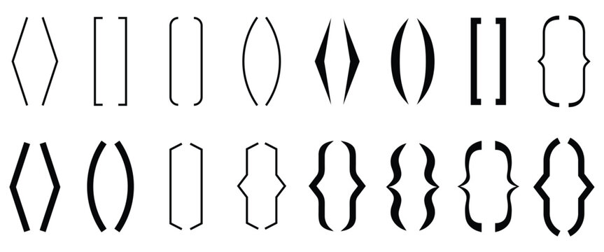 Diverse collection of black outlined and solid mathematical typographical bracket and parenthesis symbols for various design purposes