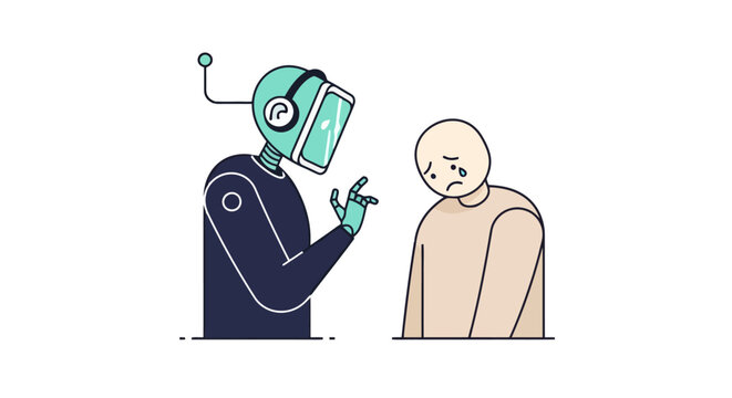 Artificial Intelligence robot wearing headphones offers comfort and support to a sad individual expressing distress showing empathy and understanding between technology and human emotion