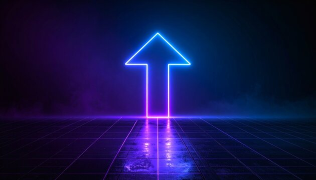 Glowing neon arrow pointing up on reflective gridded dark floor