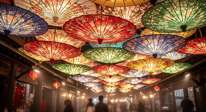 Traditional Chinese Oil-Paper Umbrellas Hanging as Ceiling Decor in Night Market with Warm Lanterns