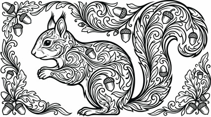 Ornate Squirrel Design Holding Acorn with Filigree Leaves, Vintage Engraving Style on Isolated White Background © Tafrichan