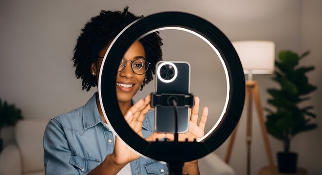 Woman Recording Video with Smartphone and Ring Light