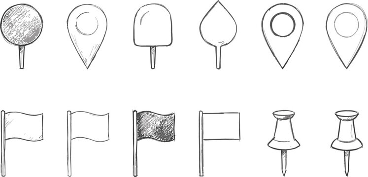 Hand drawn doodle map pin icons set including location pointers markers flags and pushpins in sketch style vector illustration isolated on white background