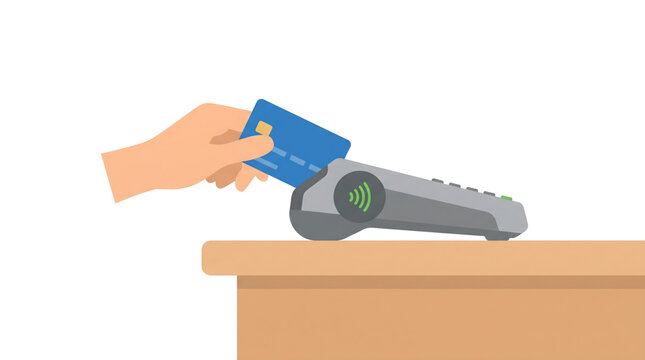 Hand holding a credit card near a contactless payment terminal on a counter
