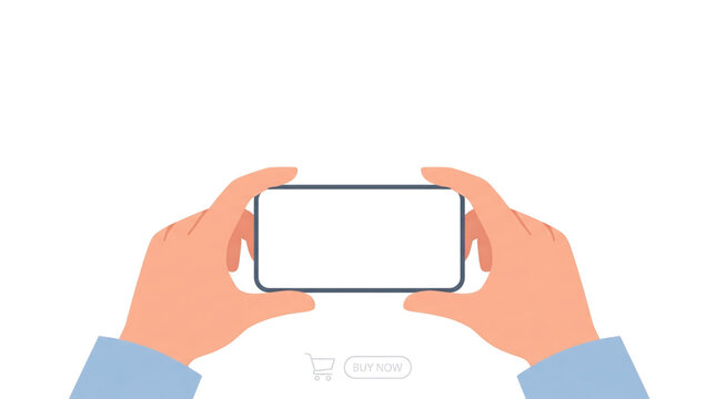 Hands holding a smartphone in horizontal position, blank screen for copy space