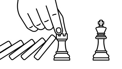 Hand holding chess rook to stop domino effect from hitting king line art © RobbinLee