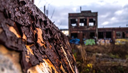 Fototapeta premium Rusted Corroded Metal Texture Against Blurred Abandoned Factory and Gloomy Sky