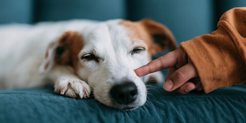 Obraz premium Small dog resting while finger touches face on sofa