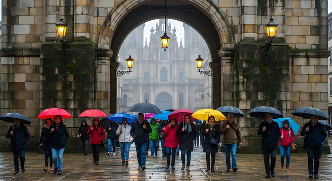 Crowd of People with Umbrellas Walking through Historic Stone Archway in Rainy European City