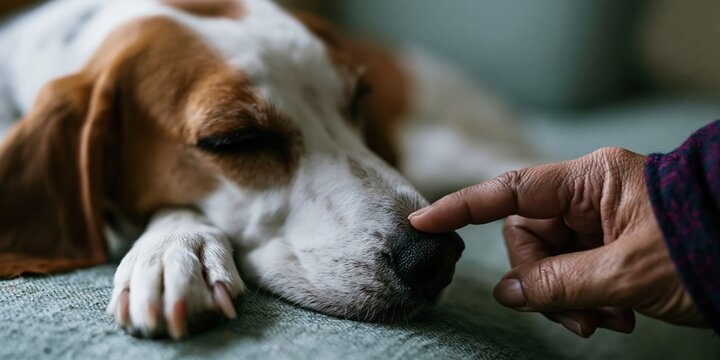 Dog sleeping with finger near nose on soft couch cushion in home