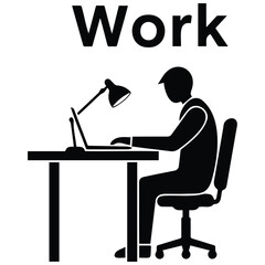 Fototapeta premium Working man silhouette vector illustration with line art table lamp and laptop on white.
