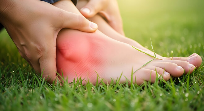 &nbsp;Ankle Sprain Injury with Redness and Inflammation on Person Sitting on Green Grass