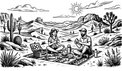 Naklejka premium Desert picnic for two under sunny cacti landscape