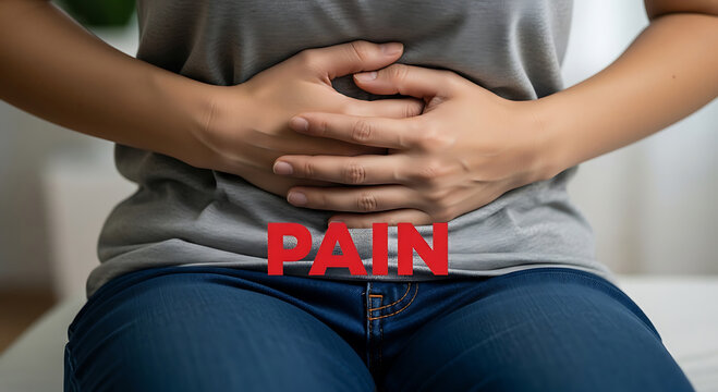 Stomach Pain Concept with Person Holding Abdomen and Bold Red Pain Text Overlay