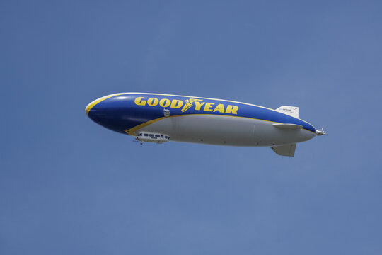 DUSSELDORF, GERMANY - MAY 24, 2026: Goodyear branded Zeppelin airship flying above D&uuml;sseldorf, Germany.