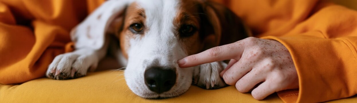 Dog resting with human finger touching nose on yellow couch