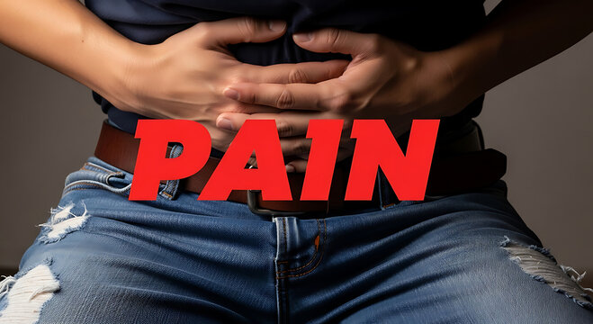 Stomach Pain Concept with Person Holding Abdomen and Bold Red Pain Text Overlay