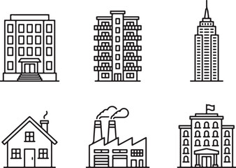 Office Building Apartment Tower And Cityscape Icons For Urban Property Development © Vector Icon Lab