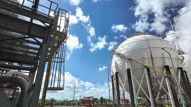 Time-lapse of a large spherical gas storage tank and pipeline infrastructure at a petrochemical plant under a blue sky.
