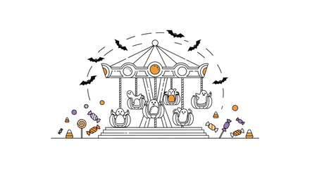 A whimsical Halloween carousel illustration featuring ghosts and bats. © Safa_Sekar Madinah