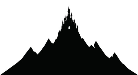 A dark silhouette of a majestic castle perched atop a jagged mountain peak. © Safa_Sekar Madinah