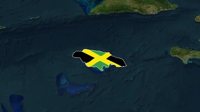 Jamaica island map outlined with its national flag colors over a dark ocean