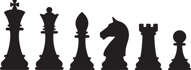 Black chess pieces set with king, queen, bishop, knight, rook, pawn © Ranaart