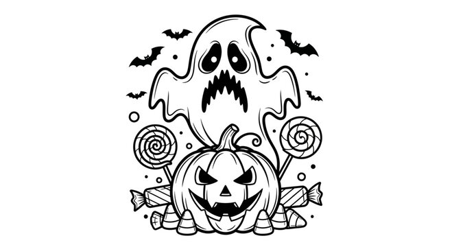 Spooky Halloween ghost hovering over a carved jack o lantern with assorted candy treats.