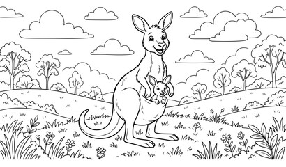 A mother kangaroo and her joey in a serene natural landscape with trees flowers and clouds © aliful