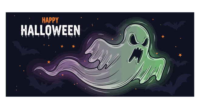 A spooky glowing ghost flying through the dark night air.