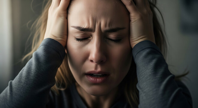 Stressed Woman Holding Head in Pain Representing Migraine Headache and Mental Exhaustion