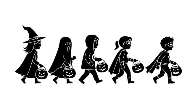 A group of children in Halloween costumes walking in a line.