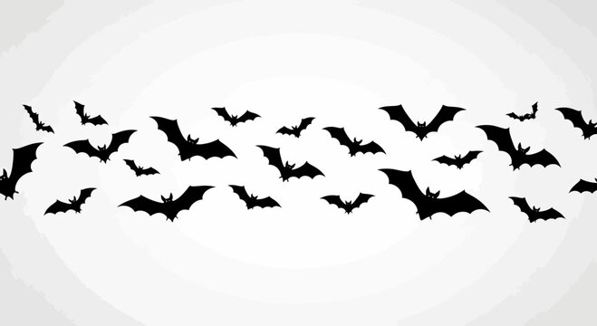 A swarm of black silhouettes of flying bats on a white background.