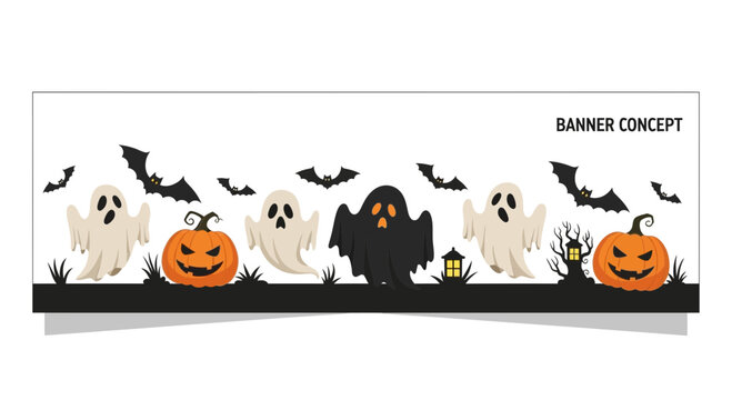 Halloween banner featuring spooky ghosts bats and carved jack o lanterns.