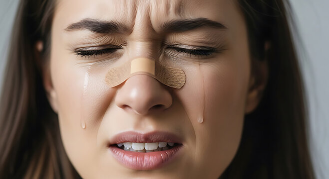 Emotional Close-up of Crying Woman with Adhesive Bandage on Nose and Facial Injury