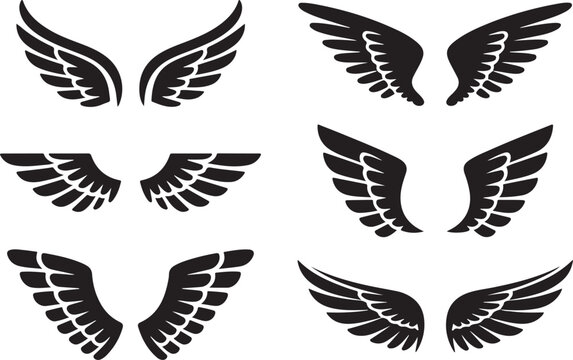 Black stylized wings vector set with variations