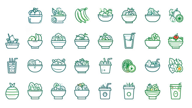 Healthy Eating Icons. Outline icon set of healthy eating with fruits and vegetables: salad bowl, smoothie,