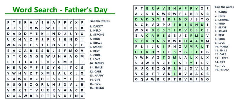 Father's Day word search puzzle with solution grid