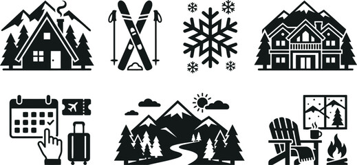 Fototapeta premium Winter Holiday Icons: Cabin, Skiing, Snowflake, Mountains, Travel, Cozy Scene