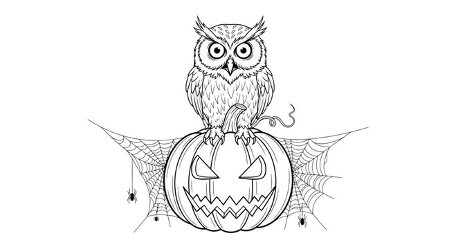 A detailed black and white line art illustration of a wise owl perched on a spooky carved jack o lantern pumpkin.