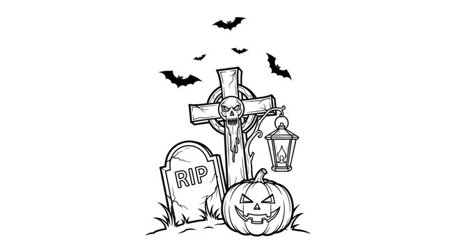 Spooky Halloween graveyard scene with a skull cross tombstone and jack o lantern.