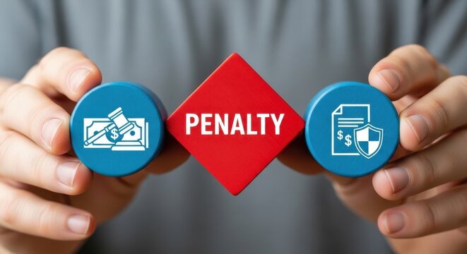 Financial penalty concept with wooden blocks, legal fine and tax regulation icons, person holding red penalty block for business compliance and law