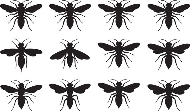 Black silhouette flies collection in grid pattern