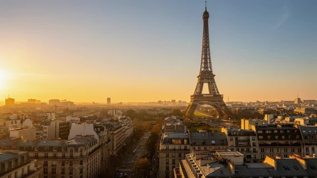 Golden hour sunset over Paris with the Eiffel Tower glowing in warm light and vibrant cityscape views