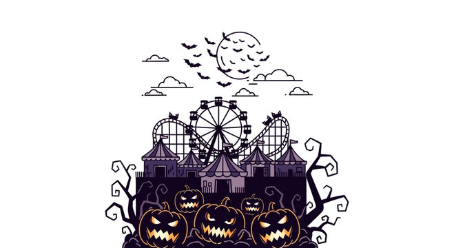 Spooky Halloween carnival scene with glowing jack o lanterns and a ferris wheel.