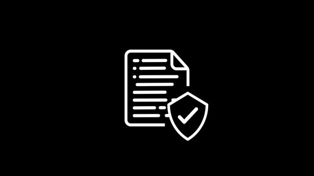 Document line showing shield icon with tick mark animation isolated on black background