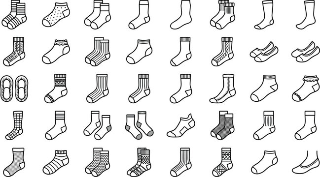 Socks and Hosiery Line Icon Set Featuring Ankle Crew No Show Stripped Polka Dot Knitted Argyle Patterns Slippers and Winter Footwear Vectors