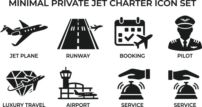 Minimal Private Jet Charter Icon Set: Aviation, Travel, Business Concepts
