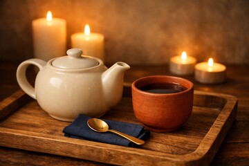 Fototapeta premium Cozy Tea Moment with Ceramic Teapot and Clay Cup by Candlelight